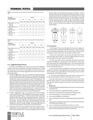 28 May 2016www.textilevaluechain.com
Table 7: Surface Ignition as per ISO 15025 Procedure B of G26, G30, G34 and
G38
Test Parameter
ISO 15025 Procedure B
Flame spread- (Single layer)
Test Results
G26 G30 G34 G38
Warp Weft Warp Weft Warp Weft Warp Weft
Whether any aming reaches the top edge
or either side edge
-Before wash
-After 5 wash*
Yes
Yes
Yes
Yes
No
Yes
Yes
Yes
No
No
No
No
No
No
No
No
Occurrence of aming melting debris
-Before wash
-After 5 wash*
No
No
No
No
No
No
No
No
No
No
No
No
No
No
No
No
After ame time, Seconds
-Before wash
-After 5 wash*
7
6
8
10
7
9
8
11
0
0
0
0
0
0
0
0
After glow time, Seconds
-Before wash
-After 5 wash*
3
3
3
4
2
3
3
3
0
0
0
0
0
0
0
0
Table 8: Surface Ignition as per ISO 15025 Procedure B of M26, M30, M34 and
M38
Test Parameter
ISO 15025 Procedure B
Flame spread- (Single layer)
Test Results
M26 M30 M34 M38
Warp Weft Warp Weft Warp Weft Warp Weft
Whether any aming reaches the top edge
or either side edge
-Before wash
-After 5 wash*
Yes
Yes
Yes
Yes
No
No
No
No
No
No
No
No
No
No
No
No
Occurrence of aming melting debris
-Before wash
-After 5 wash*
No
No
No
No
No
No
No
No
No
No
No
No
No
No
No
No
After ame time, Seconds
-Before wash
-After 5 wash*
2
4
4
4
0
0
0
0
0
0
0
0
0
0
0
0
After glow time, Seconds
-Before wash
-After 5 wash*
3
3
3
4
0
1
0
1
0
0
0
0
0
0
0
0
3.2.3 Suggested Design Features:
Function, breathability and comfort are the most important
things to take into consideration for petrol attendants (15). Taking
into account to the functions, breathability as well as comfort, cer-
tain design features are being suggested here which can be seen in
following images:
y Uniform suggested in Fig. 8 is a one piece overall, featuring a
two-piece shirt collar and half sleeve. It is attached with trouser
at waist with elastic. Elastic at waist gives good fit, comfortable
during work and easy to remove in case of emergencies. For
extra styling shirt is provided with two front chest pockets with
flaps and a pen division at left pocket for easy access. Overall is
designed with two side pockets in front at waist as well as two
back welt pockets at hip level. It’s also featuring elastic on hem
at leg to avoid direct contact with oil. There is a front opening
with hook and loop closure/snap fastener. In case of any acci-
dent it can be remove readily and promptly. This uniform could
be worn during routine activity at petrol filling stations.
y Uniform suggested in Fig. 9 is two-piece dress which includes
a shirt and a trouser. Shirt designed with one piece mandarin
style collar and half sleeve. For easy removal front opening is
designed with hook and loop closure/snap fastener. It also fea-
tures two front chest pockets with flaps and pen division on
left pocket. Trouser features two side pockets and two back
hip pockets. Moreover two cargo pockets with flaps are also
designed on knee for ample storage. At leg opening there is a
hook and loop fasteners with side slit to avoid loose hem.
y Work-wear shown in Fig. 10 (front view) and 11 (back view) is
designed for woman attendants. It is an overall featuring man-
darin collar and half sleeve. Overall is designed with two chest
pockets with a center pleat for extra space and flaps. There is
also a provision for pen at left pocket for easy access. For extra
styling pocket flap are scalloped. To provide good fit at waist
elastic and two back darts are used. It also features two side
pockets in front at waist as well as two welt pockets at back.
It’s also featuring elastic on hem at leg to avoid direct contact
with oil. Front opening is with hook and loop closure/snap fas-
tener, so that in case of any accident it can be remove readily
and promptly.
6.0 Conclusion:
1. The finding of the survey indicated that there are a huge num-
bers of attendants working at fuel filling stations. They are always
in the receiving end whenever there is a fire accident in the fuel fill-
ing station as their uniform are not suitable to protect them.
2. Mock Leno weave fabric was found to be better than Gabar-
dine and Plain weave fabric in comfort related properties such as
air permeability and water vapour permeability.
3. All the three fabrics (Plain, Gabardine and Mock Leno) were
treated with different concentration of FR chemicals. These sam-
ples were tested for Limiting Oxygen Index. This test indicated that
all the treated fabrics are flame retardant as their LOI values were
found to be greater than 23.
4. All the treated fabrics qualified the passing criteria of Flame
spread test (Surface and Edge ignition) as proposed in this study.
However Mock Leno weave fabric met the passing criteria at lower
concentration of FR finish chemical.
6. The work-wear designs for men and women were also pro-
posed considering their comfort and safety factors in mind.
From the overall results it is clear that Mock Leno weave fabric
provide better results in comfort and flame retardant properties.
The tear and tensile strength of this fabric also found to be satis-
factorily.
References
y www.ilo.org/public/english/region/eurpro/moscow/areas/safe-
ty/statistic.htm
y www.nitracoeprotech.org/pdf/whiteletter_part.pdf
y http://www.technokontrol.com/en/products/psaxss.php
y www.hsa.ie/eng/Your_Industry/Petrol_Stations/
y www.forest.delhigovt.nic.in/ioil.htm
y www.petrolpump.co.in/oil-companies/bpcl/retail-outlets/Delhi.
htm
y www.quora.com/Logic-Puzzles/How-many-petrol-pumps-are-
in-Delhi-Bombay-Random-city
y www.en.wikipedia.org/wiki/Petrol_stations_in_India
y www.moneycontrol.com/news/business/ncr-secures-hpcl-bpcl-
order-for-automating-petrol-station_313064.html
TECHNICAL TEXTILE
 