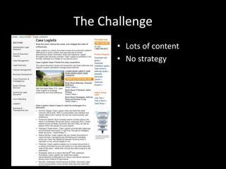 The Challenge
• Lots of content
• No strategy
 