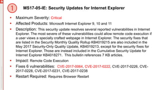 MS17-05-IE: Security Updates for Internet Explorer
 Maximum Severity: Critical
 Affected Products: Microsoft Internet Explorer 9, 10 and 11
 Description: This security update resolves several reported vulnerabilities in Internet
Explorer. The most severe of these vulnerabilities could allow remote code execution if
a user views a specially crafted webpage in Internet Explorer. The security fixes that
are listed in the Security Monthly Quality Rollup KB4019215 are also included in the
May 2017 Security-Only Quality Update, KB4019213, except for the security fixes for
Internet Explorer. Those are instead included in the Cumulative Security Update for
Internet Explorer KB4018271. This bulletin references 7 KB articles.
 Impact: Remote Code Execution
 Fixes 6 vulnerabilities: CVE-2017-0064, CVE-2017-0222, CVE-2017-0226, CVE-
2017-0228, CVE-2017-0231, CVE-2017-0238
 Restart Required: Requires Browser Restart
 