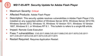 MS17-05-AFP: Security Update for Adobe Flash Player
 Maximum Severity: Critical
 Affected Products: Adobe Flash Player
 Description: This security update resolves vulnerabilities in Adobe Flash Player if it's
installed on any supported edition of Windows Server 2016, Windows Server 2012 R2,
Windows Server 2012, Windows 10, Windows 10 Version 1511, Windows 10 Version
1607, Windows 8.1, or Windows RT 8.1. This bulletin is refers to a single KB article.
 Impact: Remote Code Execution
 Fixes 7 vulnerabilities: CVE-2017-3068,CVE-2017-3069,CVE-2017-3070,CVE-2017-
3071,CVE-2017-3072,CVE-2017-3073,CVE-2017-3074
 Restart Required: Requires Application Restart
 