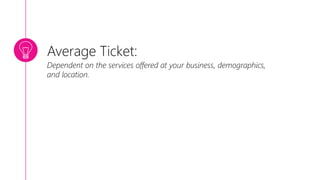 Average Ticket:
Dependent on the services offered at your business, demographics,
and location.
 