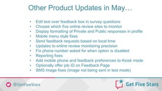 Other Product Updates in May…
• Edit text over feedback box in survey questions
• Choose which five online review sites to monitor
• Display formatting of Private and Public responses in profile
• Mobile menu style fixes
• Send feedback requests based on local time
• Updates to online review monitoring precision
• Fix phone number asked for when option is disabled
• Reporting fixes
• Add mobile phone and feedback preferences to Kiosk mode
• Optionally offer job ID on Feedback Page
• SMS image fixes (image not being sent in test mode)
 