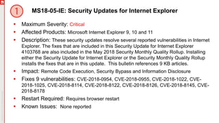 MS18-05-IE: Security Updates for Internet Explorer
 Maximum Severity: Critical
 Affected Products: Microsoft Internet Explorer 9, 10 and 11
 Description: These security updates resolve several reported vulnerabilities in Internet
Explorer. The fixes that are included in this Security Update for Internet Explorer
4103768 are also included in the May 2018 Security Monthly Quality Rollup. Installing
either the Security Update for Internet Explorer or the Security Monthly Quality Rollup
installs the fixes that are in this update. This bulletin references 9 KB articles.
 Impact: Remote Code Execution, Security Bypass and Information Disclosure
 Fixes 9 vulnerabilities: CVE-2018-0954, CVE-2018-0955, CVE-2018-1022, CVE-
2018-1025, CVE-2018-8114, CVE-2018-8122, CVE-2018-8126, CVE-2018-8145, CVE-
2018-8178
 Restart Required: Requires browser restart
 Known Issues: None reported
 