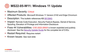 Copyright © 2022 Ivanti. All rights reserved.
MS22-05-W11: Windows 11 Update
 Maximum Severity: Critical
 Affected Produ...