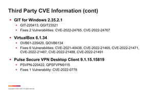 Copyright © 2022 Ivanti. All rights reserved.
Third Party CVE Information (cont)
 GIT for Windows 2.35.2.1
 GIT-220413, ...
