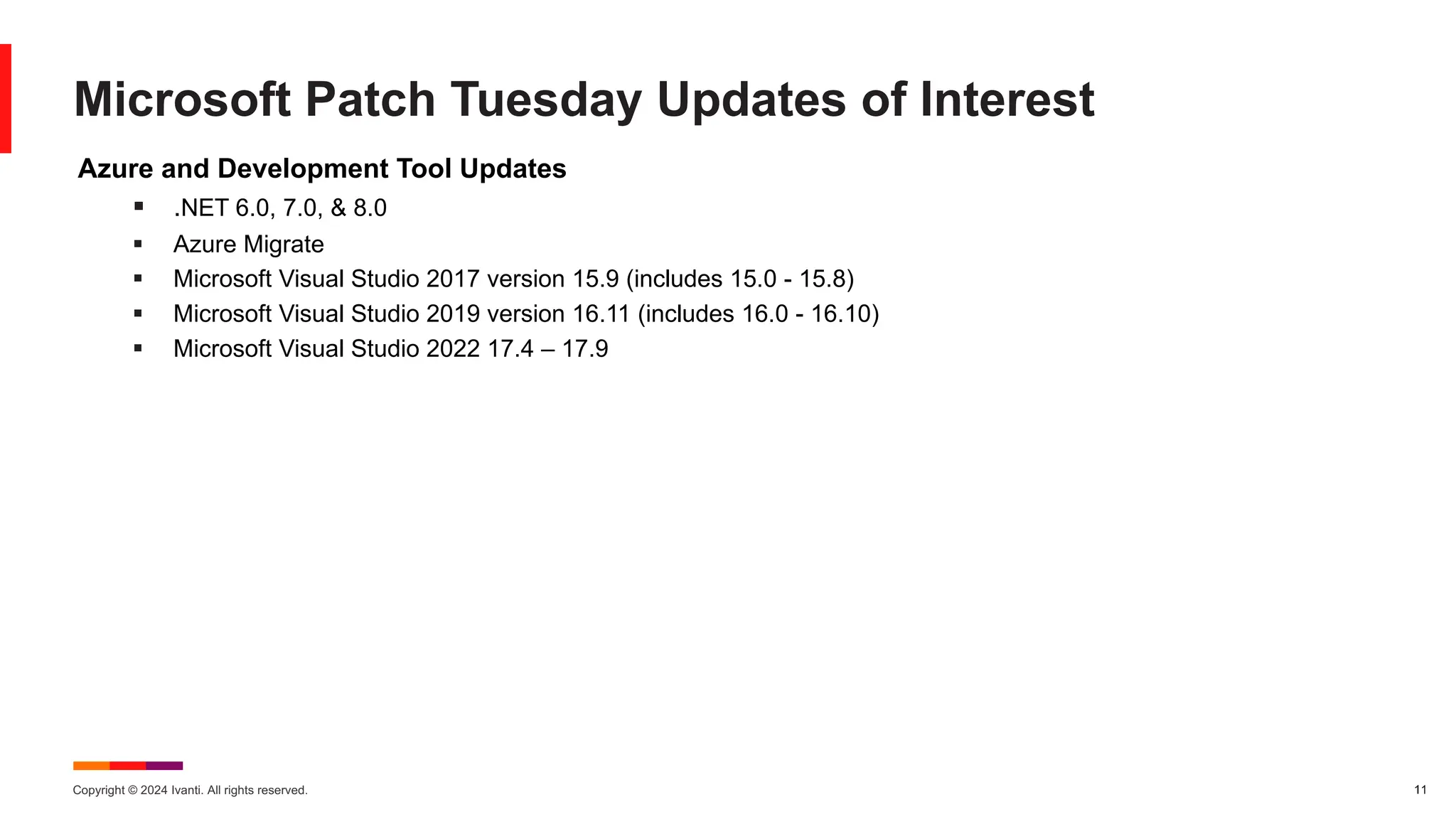 Copyright © 2024 Ivanti. All rights reserved. 11
Microsoft Patch Tuesday Updates of Interest
Azure and Development Tool Updates
§ .NET 6.0, 7.0, & 8.0
§ Azure Migrate
§ Microsoft Visual Studio 2017 version 15.9 (includes 15.0 - 15.8)
§ Microsoft Visual Studio 2019 version 16.11 (includes 16.0 - 16.10)
§ Microsoft Visual Studio 2022 17.4 – 17.9
 