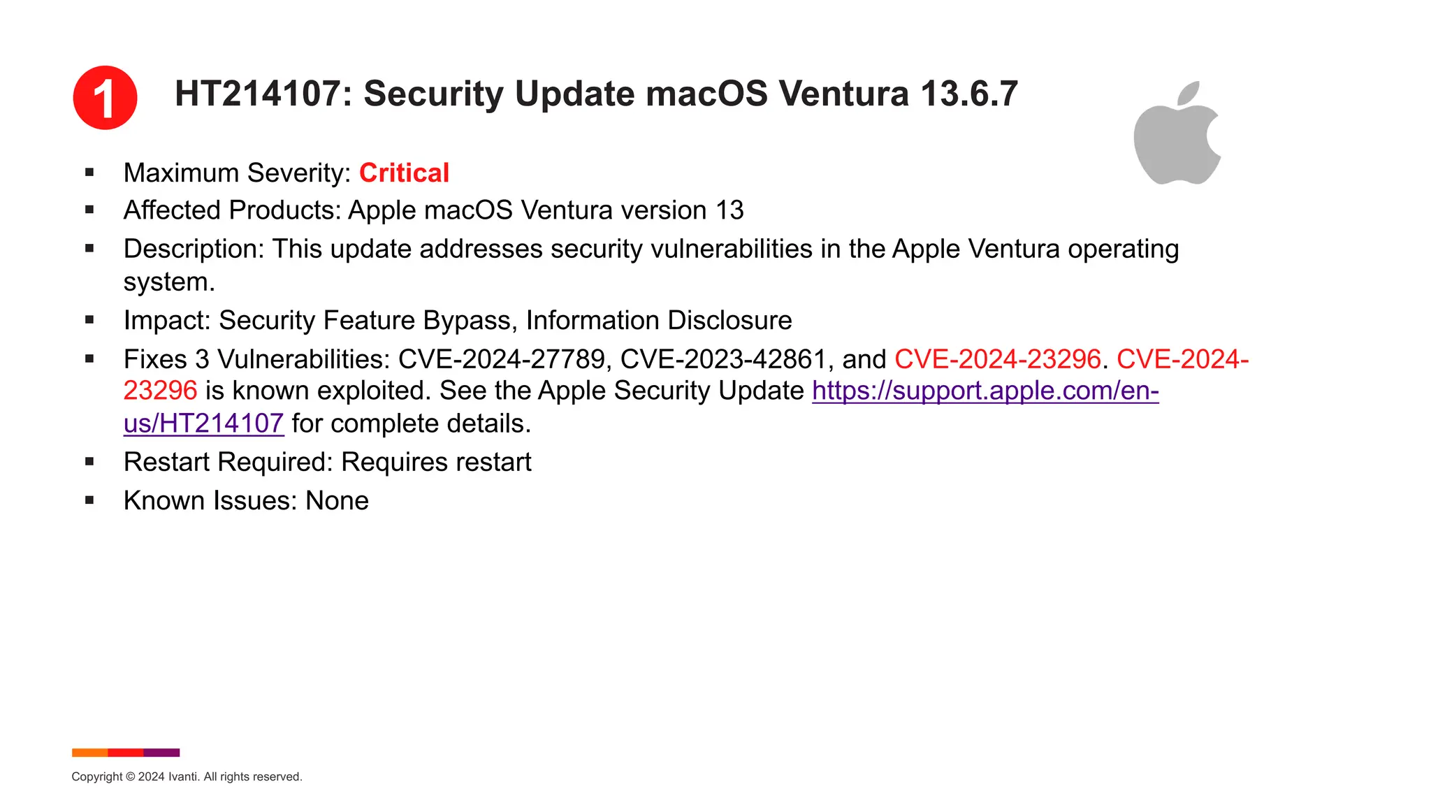 Copyright © 2024 Ivanti. All rights reserved.
HT214107: Security Update macOS Ventura 13.6.7
§ Maximum Severity: Critical
§ Affected Products: Apple macOS Ventura version 13
§ Description: This update addresses security vulnerabilities in the Apple Ventura operating
system.
§ Impact: Security Feature Bypass, Information Disclosure
§ Fixes 3 Vulnerabilities: CVE-2024-27789, CVE-2023-42861, and CVE-2024-23296. CVE-2024-
23296 is known exploited. See the Apple Security Update https://support.apple.com/en-
us/HT214107 for complete details.
§ Restart Required: Requires restart
§ Known Issues: None
1
 