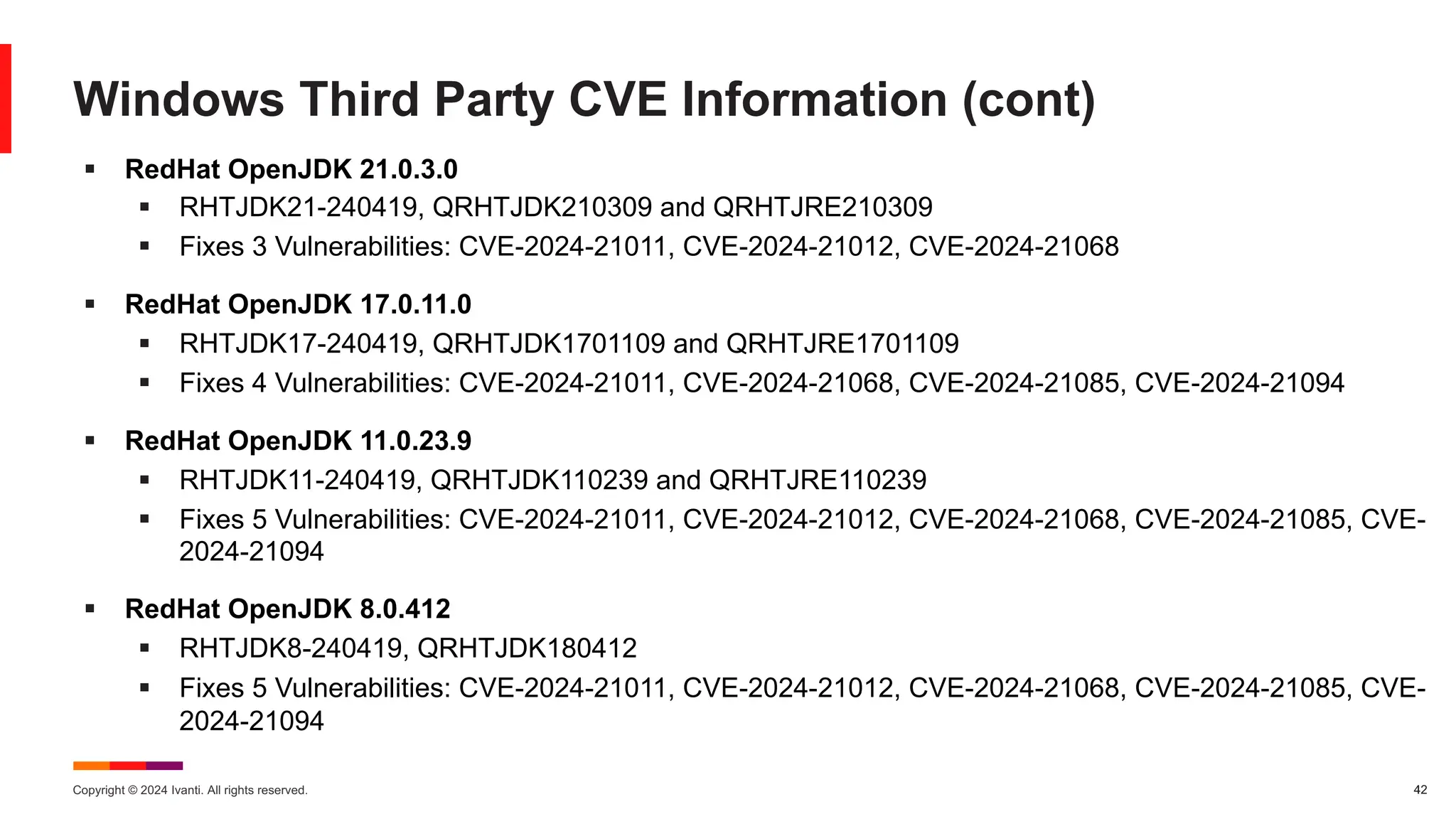 Copyright © 2024 Ivanti. All rights reserved. 42
Windows Third Party CVE Information (cont)
§ RedHat OpenJDK 21.0.3.0
§ RHTJDK21-240419, QRHTJDK210309 and QRHTJRE210309
§ Fixes 3 Vulnerabilities: CVE-2024-21011, CVE-2024-21012, CVE-2024-21068
§ RedHat OpenJDK 17.0.11.0
§ RHTJDK17-240419, QRHTJDK1701109 and QRHTJRE1701109
§ Fixes 4 Vulnerabilities: CVE-2024-21011, CVE-2024-21068, CVE-2024-21085, CVE-2024-21094
§ RedHat OpenJDK 11.0.23.9
§ RHTJDK11-240419, QRHTJDK110239 and QRHTJRE110239
§ Fixes 5 Vulnerabilities: CVE-2024-21011, CVE-2024-21012, CVE-2024-21068, CVE-2024-21085, CVE-
2024-21094
§ RedHat OpenJDK 8.0.412
§ RHTJDK8-240419, QRHTJDK180412
§ Fixes 5 Vulnerabilities: CVE-2024-21011, CVE-2024-21012, CVE-2024-21068, CVE-2024-21085, CVE-
2024-21094
 
