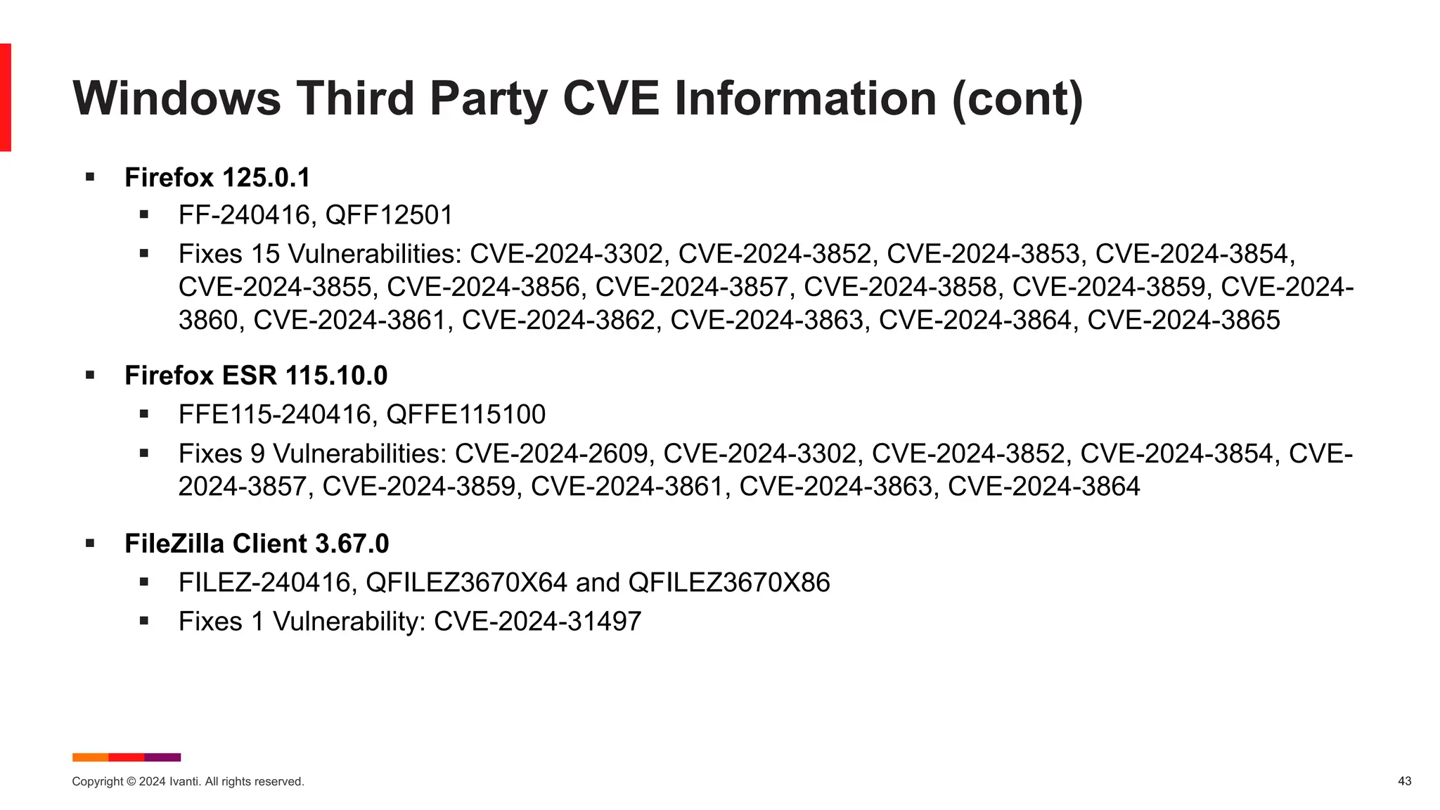 Copyright © 2024 Ivanti. All rights reserved. 43
Windows Third Party CVE Information (cont)
§ Firefox 125.0.1
§ FF-240416, QFF12501
§ Fixes 15 Vulnerabilities: CVE-2024-3302, CVE-2024-3852, CVE-2024-3853, CVE-2024-3854,
CVE-2024-3855, CVE-2024-3856, CVE-2024-3857, CVE-2024-3858, CVE-2024-3859, CVE-2024-
3860, CVE-2024-3861, CVE-2024-3862, CVE-2024-3863, CVE-2024-3864, CVE-2024-3865
§ Firefox ESR 115.10.0
§ FFE115-240416, QFFE115100
§ Fixes 9 Vulnerabilities: CVE-2024-2609, CVE-2024-3302, CVE-2024-3852, CVE-2024-3854, CVE-
2024-3857, CVE-2024-3859, CVE-2024-3861, CVE-2024-3863, CVE-2024-3864
§ FileZilla Client 3.67.0
§ FILEZ-240416, QFILEZ3670X64 and QFILEZ3670X86
§ Fixes 1 Vulnerability: CVE-2024-31497
 