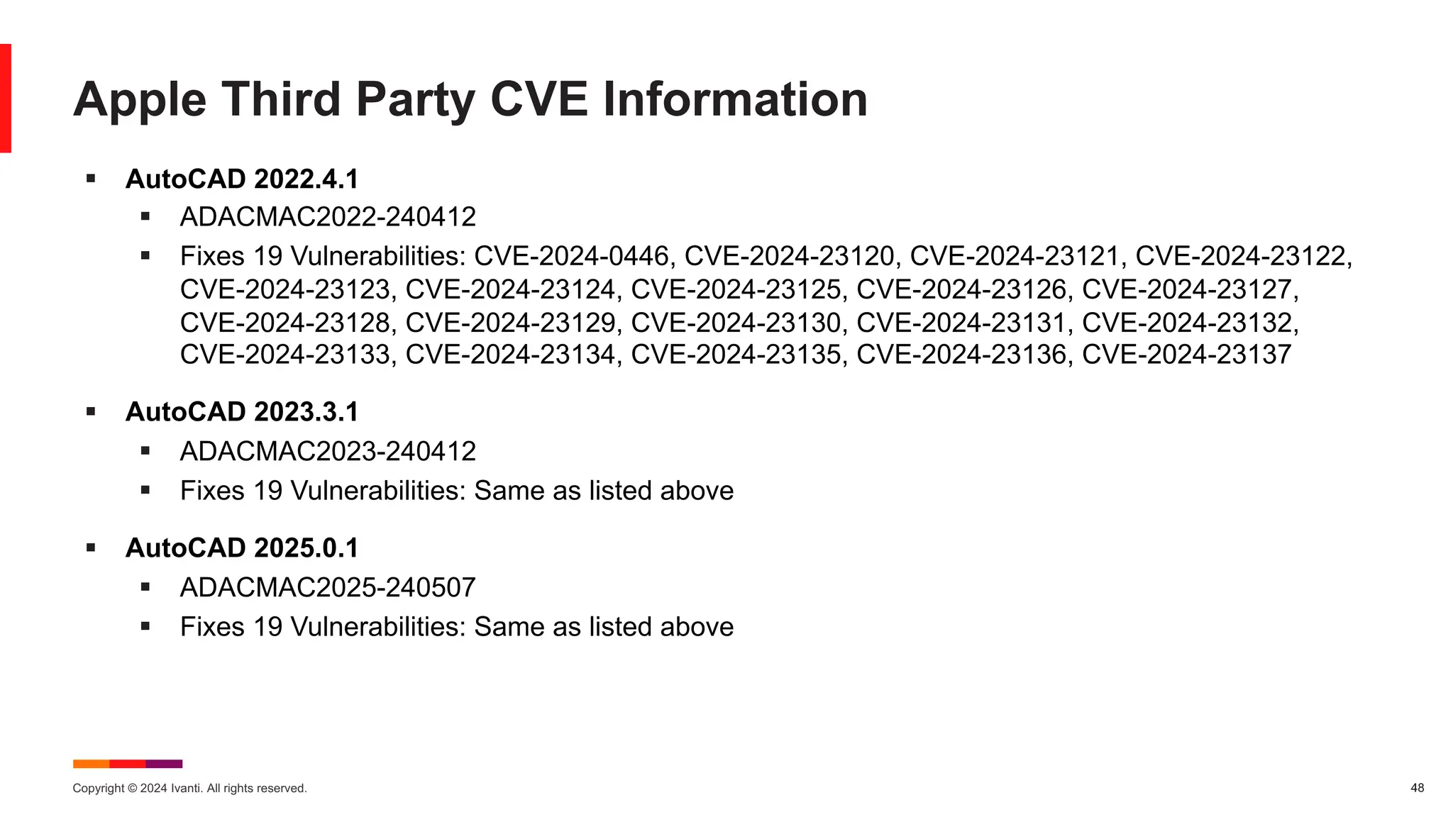 Copyright © 2024 Ivanti. All rights reserved. 48
Apple Third Party CVE Information
§ AutoCAD 2022.4.1
§ ADACMAC2022-240412
§ Fixes 19 Vulnerabilities: CVE-2024-0446, CVE-2024-23120, CVE-2024-23121, CVE-2024-23122,
CVE-2024-23123, CVE-2024-23124, CVE-2024-23125, CVE-2024-23126, CVE-2024-23127,
CVE-2024-23128, CVE-2024-23129, CVE-2024-23130, CVE-2024-23131, CVE-2024-23132,
CVE-2024-23133, CVE-2024-23134, CVE-2024-23135, CVE-2024-23136, CVE-2024-23137
§ AutoCAD 2023.3.1
§ ADACMAC2023-240412
§ Fixes 19 Vulnerabilities: Same as listed above
§ AutoCAD 2025.0.1
§ ADACMAC2025-240507
§ Fixes 19 Vulnerabilities: Same as listed above
 