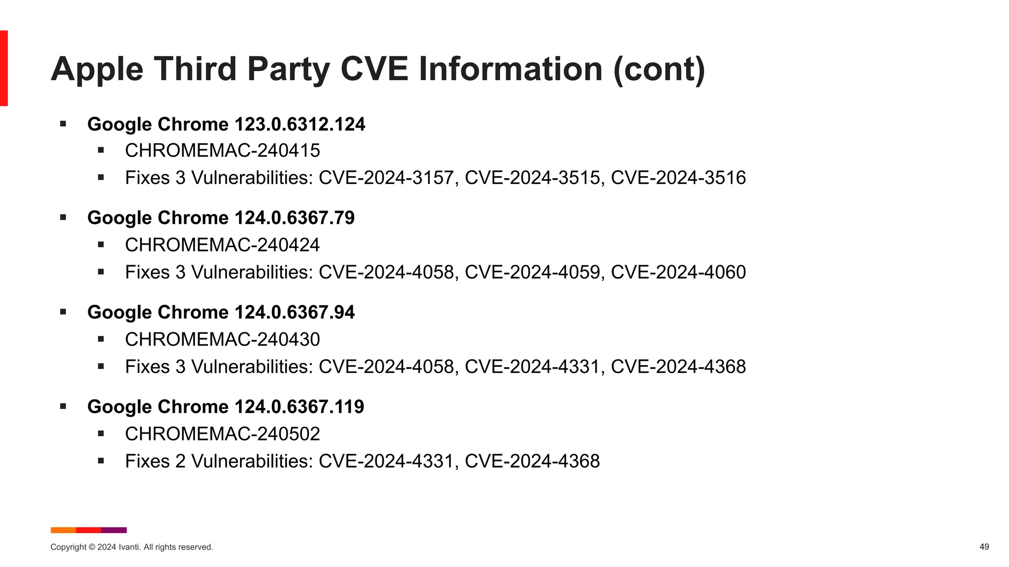 Copyright © 2024 Ivanti. All rights reserved. 49
Apple Third Party CVE Information (cont)
§ Google Chrome 123.0.6312.124
§ CHROMEMAC-240415
§ Fixes 3 Vulnerabilities: CVE-2024-3157, CVE-2024-3515, CVE-2024-3516
§ Google Chrome 124.0.6367.79
§ CHROMEMAC-240424
§ Fixes 3 Vulnerabilities: CVE-2024-4058, CVE-2024-4059, CVE-2024-4060
§ Google Chrome 124.0.6367.94
§ CHROMEMAC-240430
§ Fixes 3 Vulnerabilities: CVE-2024-4058, CVE-2024-4331, CVE-2024-4368
§ Google Chrome 124.0.6367.119
§ CHROMEMAC-240502
§ Fixes 2 Vulnerabilities: CVE-2024-4331, CVE-2024-4368
 
