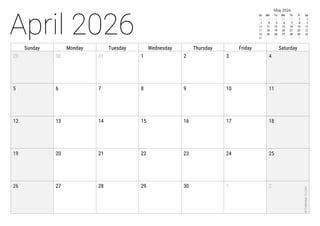 April 2026
Sunday Monday Tuesday Wednesday Thursday Friday Saturday
29 30 31 1 2 3 4
5 6 7 8 9 10 11
12 13 14 15 16 17 18
19 20 21 22 23 24 25
26 27 28 29 30 1 2
©
Calendar-12.com
May 2026
Su Mo Tu We Th Fr Sa
26 27 28 29 30 1 2
3 4 5 6 7 8 9
10 11 12 13 14 15 16
17 18 19 20 21 22 23
24 25 26 27 28 29 30
31 1 2 3 4 5 6
 