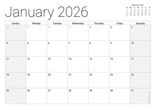 January 2026
Sunday Monday Tuesday Wednesday Thursday Friday Saturday
28 29 30 31 1 2 3
4 5 6 7 8 9 10
11 12 13 14 15 16 17
18 19 20 21 22 23 24
25 26 27 28 29 30 31
©
Calendar-12.com
February 2026
Su Mo Tu We Th Fr Sa
1 2 3 4 5 6 7
8 9 10 11 12 13 14
15 16 17 18 19 20 21
22 23 24 25 26 27 28
 