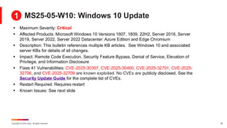 Copyright © 2025 Ivanti. All rights reserved. 28
MS25-05-W10: Windows 10 Update
▪ Maximum Severity: Critical
▪ Affected Products: Microsoft Windows 10 Versions 1607, 1809, 22H2, Server 2016, Server
2019, Server 2022, Server 2022 Datacenter: Azure Edition and Edge Chromium
▪ Description: This bulletin references multiple KB articles. See Windows 10 and associated
server KBs for details of all changes.
▪ Impact: Remote Code Execution, Security Feature Bypass, Denial of Service, Elevation of
Privilege, and Information Disclosure
▪ Fixes 41 Vulnerabilities: CVE-2025-30397, CVE-2025-30400, CVE-2025-32701, CVE-2025-
32706, and CVE-2025-32709 are known exploited. No CVEs are publicly disclosed. See the
Security Update Guide for the complete list of CVEs.
▪ Restart Required: Requires restart
▪ Known Issues: See next slide
1
 