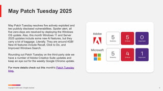 Copyright © 2025 Ivanti. All rights reserved. 3
May Patch Tuesday resolves five actively exploited and
two publicly disclosed vulnerabilities. Spoiler alert, all
five zero-days are resolved by deploying the Windows
OS update. Also, this month Windows 11 and Server
2025 updates include some new AI features, but they
carry a lot of baggage. Literally. They are around 4GB!
New AI features include Recall, Click to Do, and
Improved Windows Search.
Rounding out Patch Tuesday on the third-party side we
have a number of Adobe Creative Suite updates and
keep an eye out for the weekly Google Chrome update.
For more details check out this month's Patch Tuesday
blog.
May Patch Tuesday 2025
 