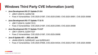 Copyright © 2025 Ivanti. All rights reserved. 38
Windows Third Party CVE Information (cont)
▪ Java Development Kit 21 Update 21.0.6
▪ JDK21-250416, QJDK2106
▪ Fixes 4 Vulnerabilities: CVE-2025-21587, CVE-2025-23083. CVE-2025-30691, CVE-2025-30698
▪ Java Development Kit 17 Update 17.0.15
▪ JDK17-250416, QJDK17015
▪ Fixes 3 Vulnerabilities: CVE-2025-21587, CVE-2025-23083, CVE-2025-30698
▪ Java Development Kit 11 Update 11.0.27
▪ JDK11-250416, QJDK11027
▪ Fixes 2 Vulnerabilities: CVE-2025-21587, CVE-2025-30698
▪ Java 8 Update 451 – JRE and JDK
▪ JAVA8-250416, QJDK8U451 and QJRE8U451
▪ Fixes 4 Vulnerabilities: CVE-2024-47606, CVE-2024-54534, CVE-2025-21587, CVE-2025-30698
 