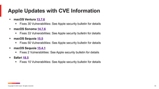 Copyright © 2025 Ivanti. All rights reserved. 43
Apple Updates with CVE Information
▪ macOS Ventura 13.7.6
▪ Fixes 30 Vulnerabilities: See Apple security bulletin for details
▪ macOS Sonoma 14.7.6
▪ Fixes 33 Vulnerabilities: See Apple security bulletin for details
▪ macOS Sequoia 15.5
▪ Fixes 50 Vulnerabilities: See Apple security bulletin for details
▪ macOS Sequoia 15.4.1
▪ Fixes 2 Vulnerabilities: See Apple security bulletin for details
▪ Safari 18.5
▪ Fixes 10 Vulnerabilities: See Apple security bulletin for details
 