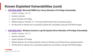 Copyright © 2025 Ivanti. All rights reserved. 7
▪ CVE-2025-30400 Microsoft DWM Core Library Elevation of Privilege Vulnerability
▪ CVSS 3.1 Scores: 7.8 / 7.2
▪ Severity: Important
▪ Impact: Elevation of Privilege
▪ Affected Systems: Windows 10, 11 and associated Windows Server operating systems
▪ Per Microsoft: An attacker who successfully exploited this vulnerability could gain SYSTEM privileges.
▪ CVE-2025-32701 Windows Common Log File System Driver Elevation of Privilege Vulnerability
▪ CVSS 3.1 Scores: 7.8 / 7.2
▪ Severity: Important
▪ Impact: Elevation of Privilege
▪ Affected Systems: All currently supported versions of Windows and Windows Server operating systems.
▪ Per Microsoft: An attacker who successfully exploited this vulnerability could gain SYSTEM privileges.
Known Exploited Vulnerabilities (cont)
 