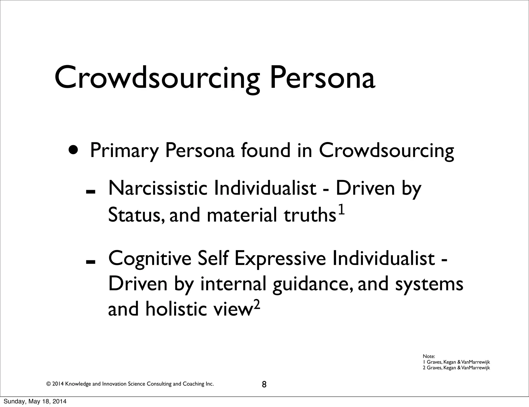 © 2014 Knowledge and Innovation Science Consulting and Coaching Inc.
Crowdsourcing Persona
• Primary Persona found in Crowdsourcing
- Narcissistic Individualist - Driven by
Status, and material truths1
- Cognitive Self Expressive Individualist -
Driven by internal guidance, and systems
and holistic view2
8
Note:
1 Graves, Kegan &VanMarrewijk
2 Graves, Kegan &VanMarrewijk
Sunday, May 18, 2014
 