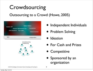 © 2014 Knowledge and Innovation Science Consulting and Coaching Inc.
Crowdsourcing
Outsourcing to a Crowd (Howe, 2005)
• Independent Individuals
• Problem Solving
• Ideation
• For Cash and Prizes
• Competitive
• Sponsored by an
organization
7
Sunday, May 18, 2014
 