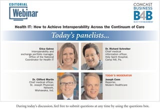 Today’s panelists...
Health IT: How to Achieve Interoperability Across the Continuum of Care
During today’s discussion, feel free to submit questions at any time by using the questions box.
Joseph Conn
Reporter,
Modern Healthcare
Dr. Clifford Martin
Chief medical officer,
St. Joseph Physician
Network,
Mishawaka, Ind.
Erica Galvez
Interoperability and
exchange portfolio manager,
Office of the National
Coordinator for Health IT
Dr. Richard Schreiber
Chief medical
information officer,
Holy Spirit Hospital,
Camp Hill, Pa.
TODAY’S MODERATOR
 