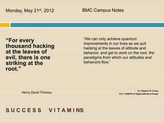 Monday, May 21st, 2012               BMC Campus Notes




“For every                               “We can only achieve quantum
                                         improvements in our lives as we quit
thousand hacking                         hacking at the leaves of attitude and
at the leaves of                         behavior, and get to work on the root, the
evil, there is one                       paradigms from which our attitudes and
striking at the                          behaviors flow.”
root.”


                                                                                Dr. Stephen R. Covey
       Henry David Thoreau                                    The 7 HABITS of Highly Effective People




SUCCESS                 V I T A M I NS
 