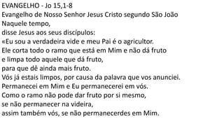 EVANGELHO - Jo 15,1-8
Evangelho de Nosso Senhor Jesus Cristo segundo São João
Naquele tempo,
disse Jesus aos seus discípulos:
«Eu sou a verdadeira vide e meu Pai é o agricultor.
Ele corta todo o ramo que está em Mim e não dá fruto
e limpa todo aquele que dá fruto,
para que dê ainda mais fruto.
Vós já estais limpos, por causa da palavra que vos anunciei.
Permanecei em Mim e Eu permanecerei em vós.
Como o ramo não pode dar fruto por si mesmo,
se não permanecer na videira,
assim também vós, se não permanecerdes em Mim.
 