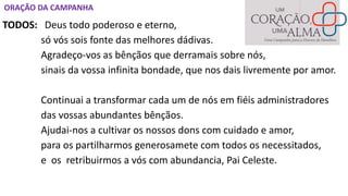 ORAÇÃO DA CAMPANHA
TODOS: Deus todo poderoso e eterno,
só vós sois fonte das melhores dádivas.
Agradeço-vos as bênçãos que derramais sobre nós,
sinais da vossa infinita bondade, que nos dais livremente por amor.
Continuai a transformar cada um de nós em fiéis administradores
das vossas abundantes bênçãos.
Ajudai-nos a cultivar os nossos dons com cuidado e amor,
para os partilharmos generosamete com todos os necessitados,
e os retribuirmos a vós com abundancia, Pai Celeste.
 