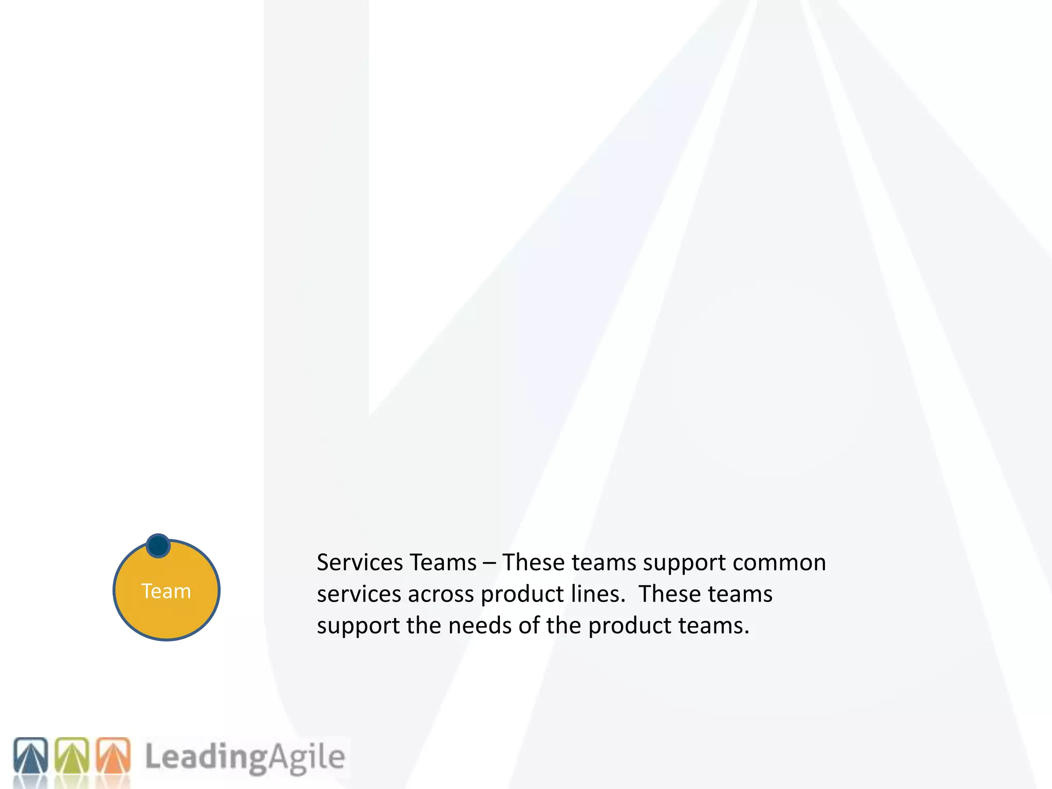 Team
Services Teams – These teams support common
services across product lines. These teams
support the needs of the product teams.
 