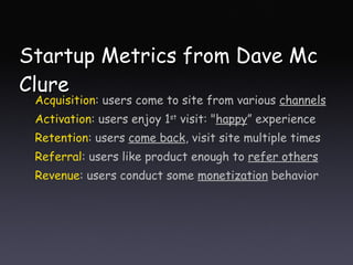 Startup Metrics from Dave Mc Clure <ul><li>Acquisition : users come to site from various  channels </li></ul><ul><li>Activ...