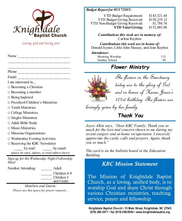 Knightdale Baptist Church May 24th Sunday Worship Bulletin