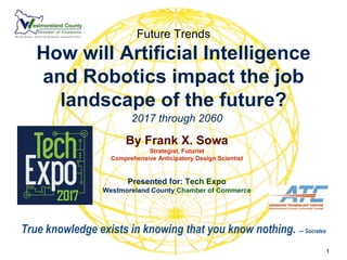 Copyright© 2017 Frank X. Sowa All Rights Reserved
True knowledge exists in knowing that you know nothing. — Socrates
Future Trends
How will Artificial Intelligence
and Robotics impact the job
landscape of the future?
2017 through 2060
By Frank X. Sowa
Strategist, Futurist
Comprehensive Anticipatory Design Scientist
1
Presented for: Tech Expo
Westmoreland County Chamber of Commerce
Westmoreland College - Advanced Technology Center
May 24, 2017 10:30 am
 