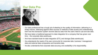 © Lighthouse Computer Services, All rights reserved
Our Data Pro
• Our data professional has a tough job of attesting to the quality of information, delivering in a
timely manner, defending against other sources or methods of data access and understanding
both how the transaction system records data but also how the users need to use and see data.
• We have taken a traditional approach to data integration for a company that has grown over
time – the corporate data warehouse.
• And have standard tools for data integration (ETL) and storage (Data warehouse).
• He understands the needs of his user community for corporate data, business / management
data and external data comparative and transitive data.
• He also understands that corporate data accuracy and availability is his responsibility.
 