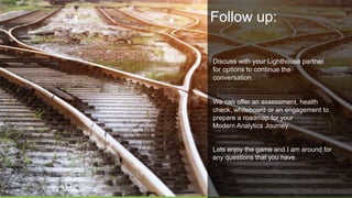 © Lighthouse Computer Services, All rights reserved
Follow up:
Discuss with your Lighthouse partner
for options to continue the
conversation.
We can offer an assessment, health
check, whiteboard or an engagement to
prepare a roadmap for your
Modern Analytics Journey.
Lets enjoy the game and I am around for
any questions that you have.
28
 