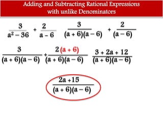 +
a2 – 36 a - 6
3 2 +
(a + 6)(a – 6) (a – 6)
3 2
(a + 6)
(a + 6)(a – 6)
3 + 2a + 123 2
(a + 6)(a – 6) (a + 6)(a – 6)
+
(a + 6)(a – 6)
2a +15
Adding and Subtracting Rational Expressions
with unlike Denominators
 