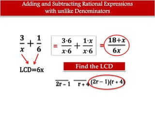 LCD=6x
Adding and Subtracting Rational Expressions
with unlike Denominators
2r - 1 r + 4 (2r – 1)(r + 4)
Find the LCD
 