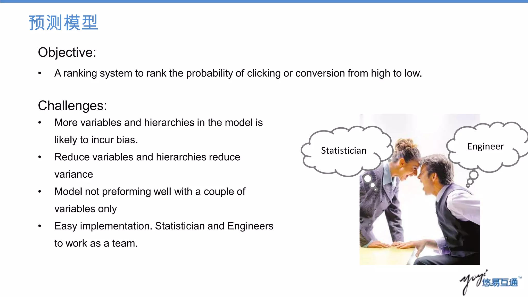 预测模型
Objective:
•   A ranking system to rank the probability of clicking or conversion from high to low.


Challenges:
•   More variables and hierarchies in the model is
    likely to incur bias.
                                                                Statistician               Engineer
•   Reduce variables and hierarchies reduce
    variance
•   Model not preforming well with a couple of
    variables only
•   Easy implementation. Statistician and Engineers
    to work as a team.
 