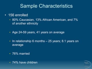 Sample Characteristics
• 156 enrolled
• 80% Caucasian, 13% African American, and 7%
of another ethnicity
• Age 24-59 years...