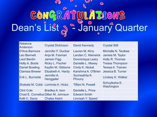 Dean’s List - January Quarter
Rebecca
Anderson
Crystal Dickinson David Kennedy Crystal Still
D'Ana Barmore Jennifer F. Dunbar Lauren M. Kirry Michelle N. Taulbee
Leo Bennett Anja M. Fasman Landen C. Kleineick Jameis M. Taylor
Liezl Berdin Jamein Figg Donminique Leary Holly R. Thomas
Holly A. Boots Ricky L. Fischer Danielle L. Maxey Trease Thompson
Daniel Bowling Kaytlin M. Gibbons Cindy K. Nickel Teresa A. Treinen
Clarissa Brewer Elizabeth A. Hardy Karishma A. O'Brien Jessica B. Turner
Erik L. Burnside
Jennifer A.
Henggeler
Socheathta K.
Phouny
Lindsey K. Walker
Shakela M. Cobb Lominda A. Hicks Tiffani N. Powell
Schuylesha E.
Washington
Clint Cole Bradley A. Ison Danielle L. Price
Chad E. Cornelius Dillan M. Johnson Edward Smith
Kelli C. Davis Chales Kelch Linnisah Y. Speed
 
