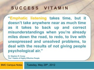 SUCCESS                                VITAMIN

     “Emphatic listening takes time, but it
     doesn’t take anywhere near as much time
     as it takes to back up and correct
     misunderstandings when you’re already
     miles down the road, to redo, to live with
     unexpressed and unsolved problems, to
     deal with the results of not giving people
     psychological air.”
     Dr. Stephen R. Covey
     The 7 Habits of Highly Effective People



BMC Campus Notes            Tuesday, May 29th, 2012
 