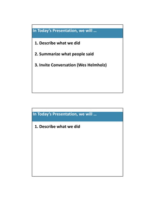 5/3/2013
3
In Today’s Presentation, we will …
1. Describe what we did
2. Summarize what people said
3. Invite Conversation...