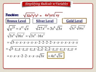 Simplifying Radicals w/Variables
32x5y3z2 =Practice:Review:
25
x
17
27x12
x x 8
3 3x x 6 7
3 16x x
Bronze Level Silver Level Gold Level
3 2 2 2 2                 x x x x x x x x x x x x x
3 2 2 2 2                 x x x x x x x x x x x x x
2 2 3       x x x x x x x 6
4 3x x
4x2yz xy
 
