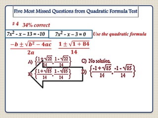 34% correct
7x2 - x – 13 = -10 7x2 - x – 3 = 0 Use the quadratic formula
Five Most Missed Questions from Quadratic Formula Test
# 4
 