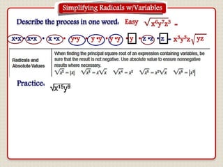 Simplifying Radicals w/Variables
x6y7z3 =Easy
x3y3z yzx•x • x•x • x •x • y•y • y •y • y •y • y • z •z • z =
Describe the process in one word:
Practice:
 