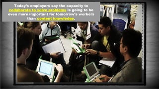 Today’s employers say the capacity to
collaborate to solve problems is going to be
even more important for tomorrow’s workers
than content knowledge.
 