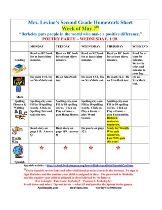 Mrs. Levine’s Second Grade Homework Sheet
                          Week of May 7th
    “Berkeley puts people in the world who make a positive difference.”
                POETRY PARTY – WEDNESDAY, 1:30
              MONDAY                TUESDAY               WEDNESDAY             THURSDAY              WEEKEND

              Read an RC book       Read an RC book       Read an RC book       Read an RC book       Read for at
              for at least thirty   for at least thirty   for at least thirty   for at least thirty   least 30
 Reading      minutes.              minutes.              minutes.              minutes.              minutes.
                                                                                                      Write the
                                                                                                      titles and
                                                                                                      minutes in
                                                                                                      your log.
              Do math 11.9. Do      Do an XtraMath        Do math 12.1. Do      Do math 12.2. Do      Do an
              an XtraMath test.     test.                 an XtraMath test.     an XtraMath test.     XtraMath
                                                                                                      test.



  Math
 Spelling     Spelling.city.com     Spelling.city.com     Spelling.city.com     Spelling.city.com
Phonics &     Fill in 10 spelling   Fill in 10 spelling   Fill in 10 spelling   Fill in 10 spelling
Writing       words. Click on       words. Click on       words. Click on       words. Click on
              Spelling Test and     Play a Game –         Play a Game –         Play a Game –
              take the test.        play Hang Mouse.      play Word             play Unscramble.
                                                          Search.               Dictated
                                                                                sentences
                                                                                tomorrow.
              Read story on    Read story on    Do puzzle on page               Study for Wordly
              page 119. Answer page 119. Answer 121.                            Wise quiz
              Q                Q                                                tomorrow.
Wordly                                                                          Last WW quiz
Wise                                                                            this year!


                     *                    *                     *                      *
 Spanish
        Spanish website – http://school.berkeleyprep.org/lower/llinks/spanlinks/Spanish2nd.htm
         *Enter Spanish review links and select additional practice (towards the bottom). To sign in
         type Berkeley and the number your child is assigned in class. The password is: Berkeley
         and the number your child is assigned in class followed by the letter a.
                  (For example: Username: berkeley3 Password: berkeley3a)
         Scroll down and select: ‘Sprout Series – select #3 and practice the Sprout Series games.
                    Spellingcity.com          xtraMath.com         wordlywise3000.com
 