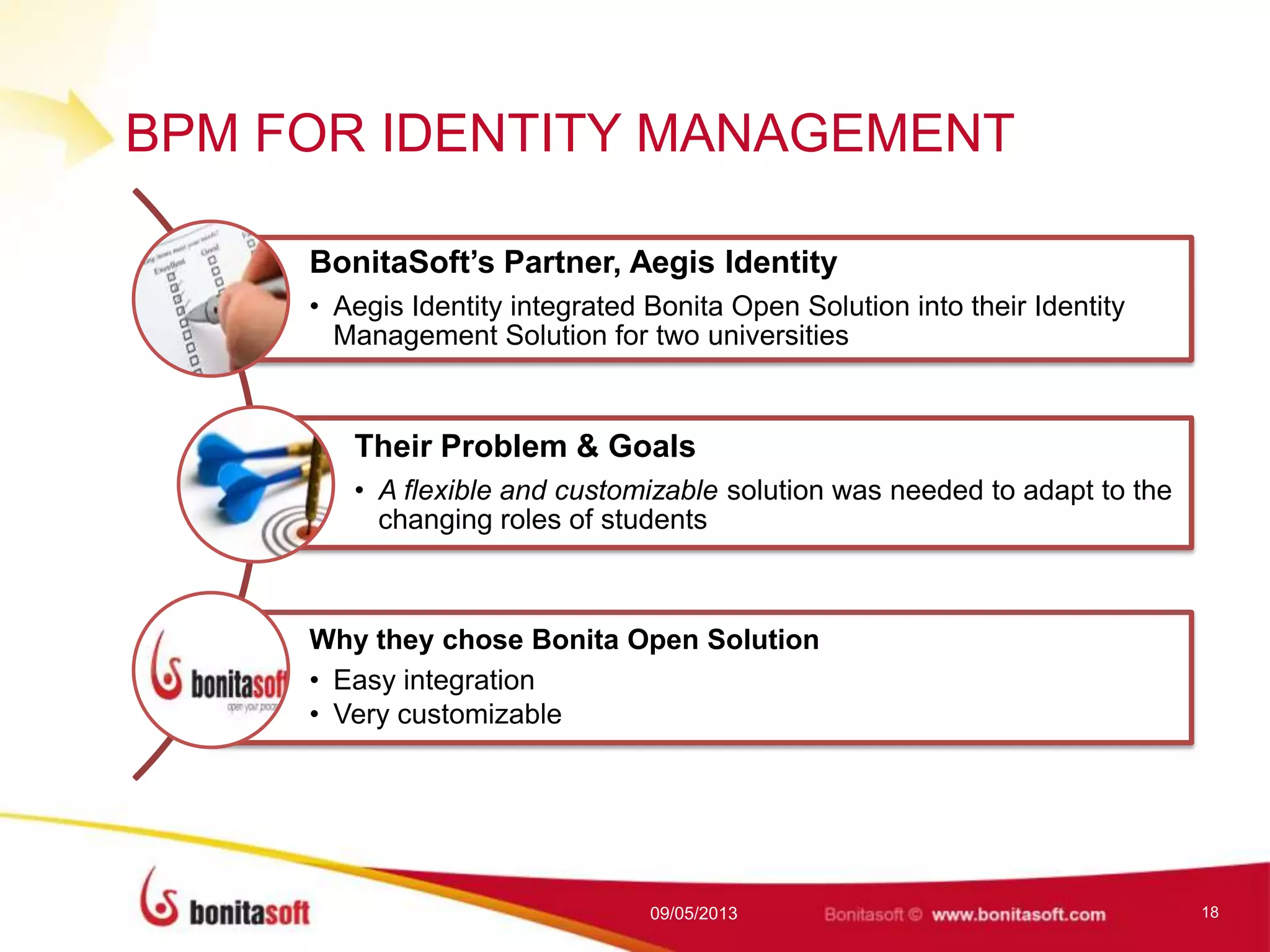 BPM FOR IDENTITY MANAGEMENT
BonitaSoft’s Partner, Aegis Identity
• Aegis Identity integrated Bonita Open Solution into their Identity
Management Solution for two universities
Their Problem & Goals
• A flexible and customizable solution was needed to adapt to the
changing roles of students
Why they chose Bonita Open Solution
• Easy integration
• Very customizable
09/05/2013 18
 