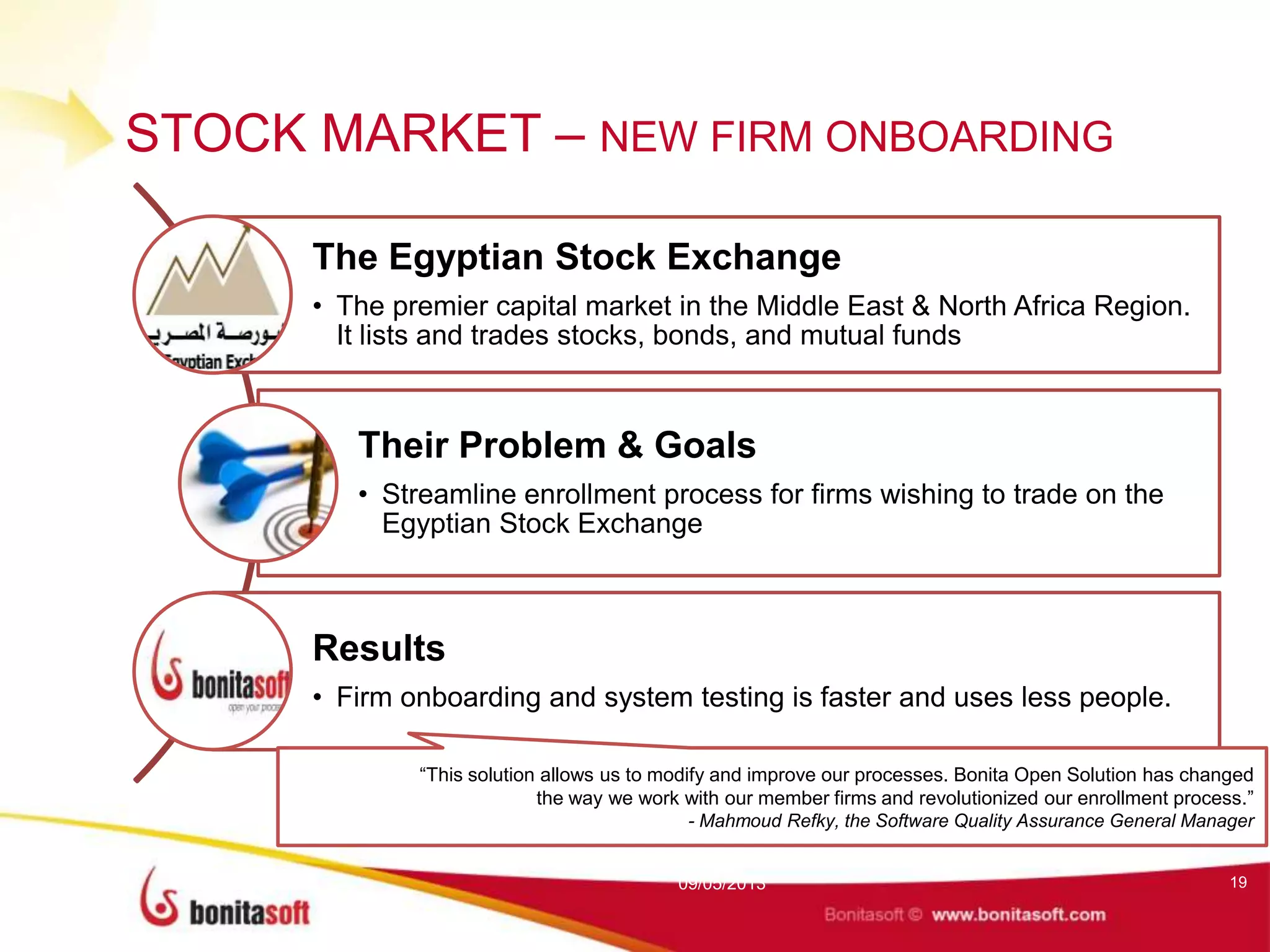 STOCK MARKET – NEW FIRM ONBOARDING
The Egyptian Stock Exchange
• The premier capital market in the Middle East & North Africa Region.
It lists and trades stocks, bonds, and mutual funds
Their Problem & Goals
• Streamline enrollment process for firms wishing to trade on the
Egyptian Stock Exchange
Results
• Firm onboarding and system testing is faster and uses less people.
09/05/2013 19
“This solution allows us to modify and improve our processes. Bonita Open Solution has changed
the way we work with our member firms and revolutionized our enrollment process.”
- Mahmoud Refky, the Software Quality Assurance General Manager
 