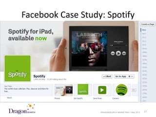 Facebook Case Study: Spotify




5/18/2012                DRAGONSEARCH MARKETING I May 2012   27
 
