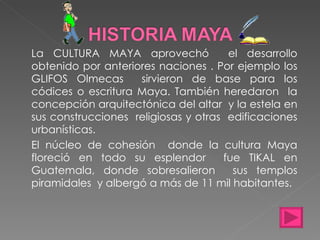 La CULTURA MAYA aprovechó  el desarrollo obtenido por anteriores naciones . Por ejemplo los GLIFOS Olmecas  sirvieron de base para los códices o escritura Maya. También heredaron  la concepción arquitectónica del altar  y la estela en sus construcciones  religiosas y otras  edificaciones urbanísticas. El núcleo de cohesión  donde la cultura Maya floreció en todo su esplendor  fue TIKAL en Guatemala, donde sobresalieron  sus templos piramidales  y albergó a más de 11 mil habitantes. 